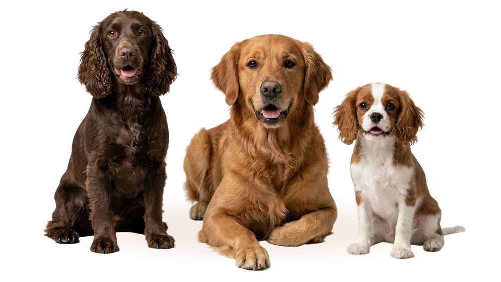 Tres perros de distintas razas posando de frente: un Spaniel de color chocolate, un Golden Retriever al centro y un Cavalier King Charles Spaniel blanco con café.